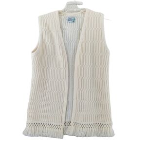 Vtg Toluca Cable Knit Coastal Boho Open Cardigan Vest Wmn M White Minimalist 90s